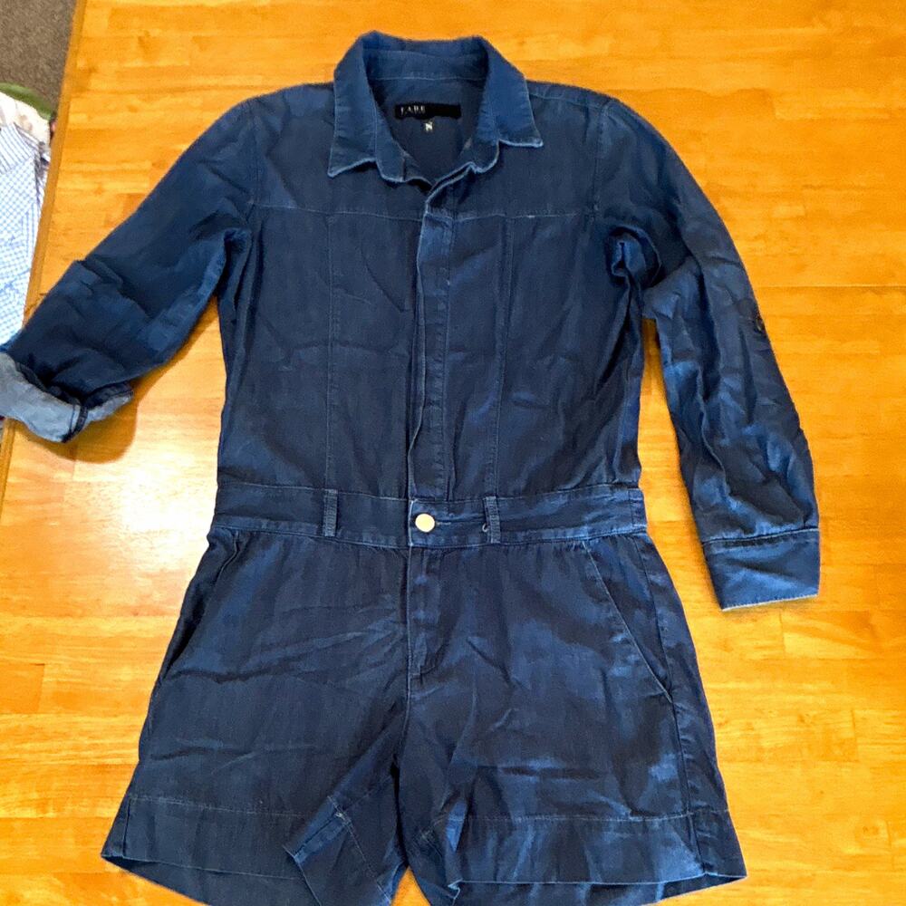 Fade to Blue Denim Romper Blue Solid Long Sleeve Collared Pockets Button S